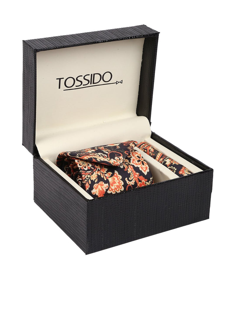 Black & Orange Printed Necktie & Pocket Square Set - TOSSIDO