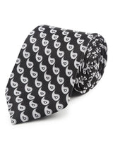 Black paisley necktie in printed microfiber, close-up