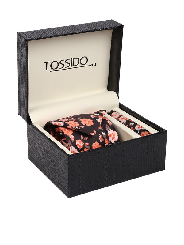 Black Printed Necktie & Pocket Square Set - TOSSIDO
