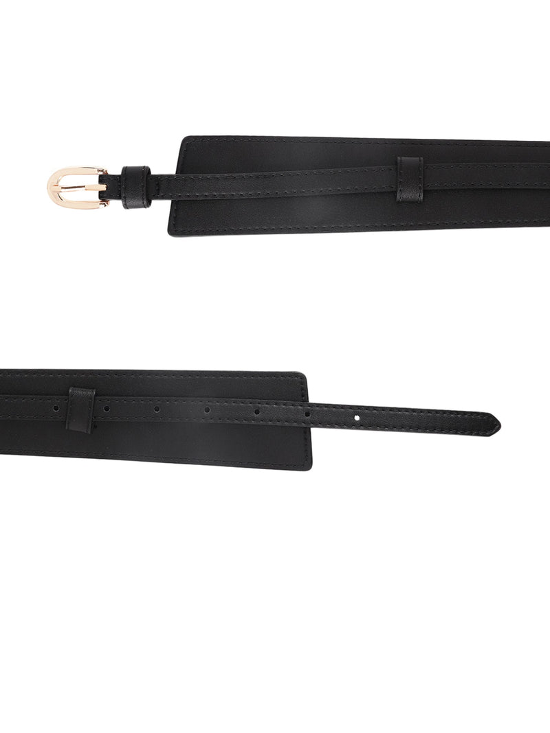 Black Women's Vegan Leather Belt and Gold Buckle - TOSSIDO