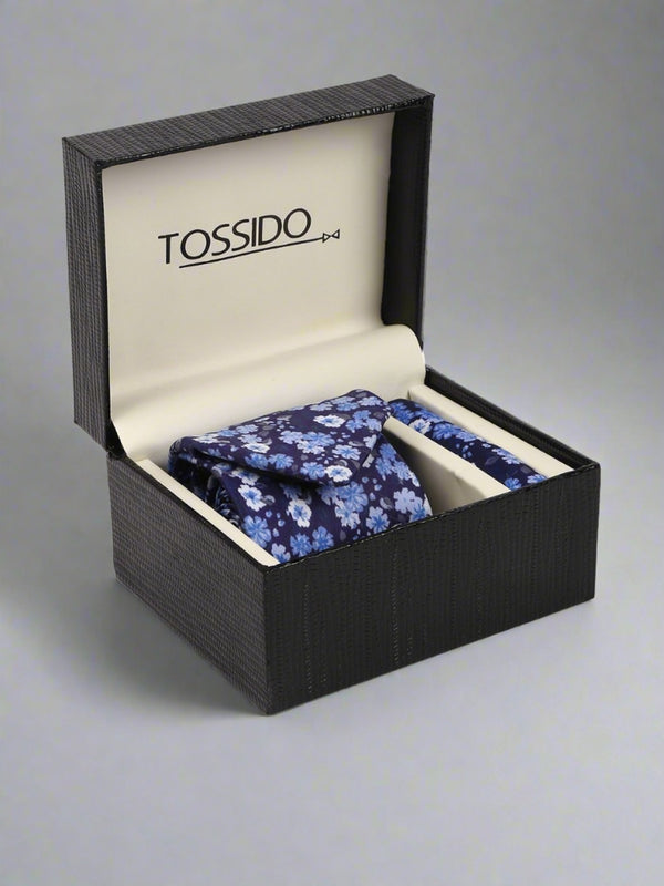 Blue Floral Printed Necktie & Pocket Square Giftset