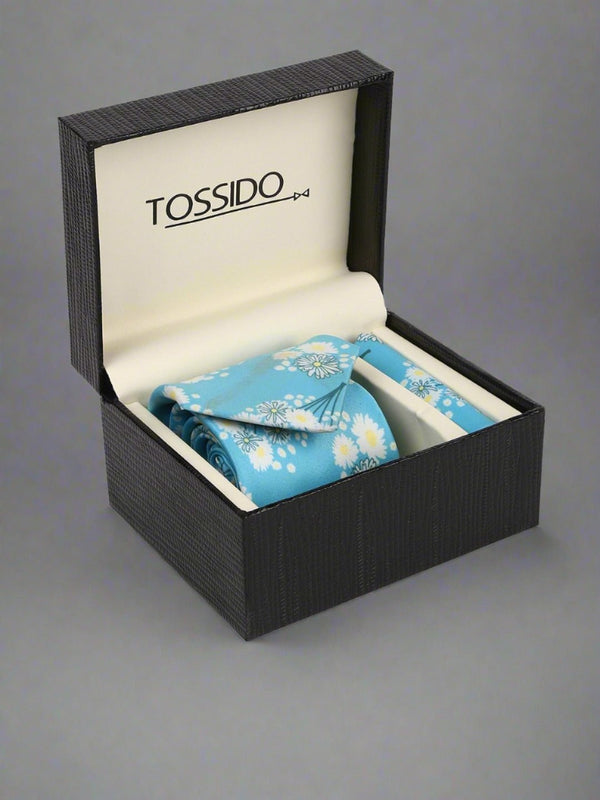 Blue Floral Printed Necktie & Pocket Square Giftset - TOSSIDO