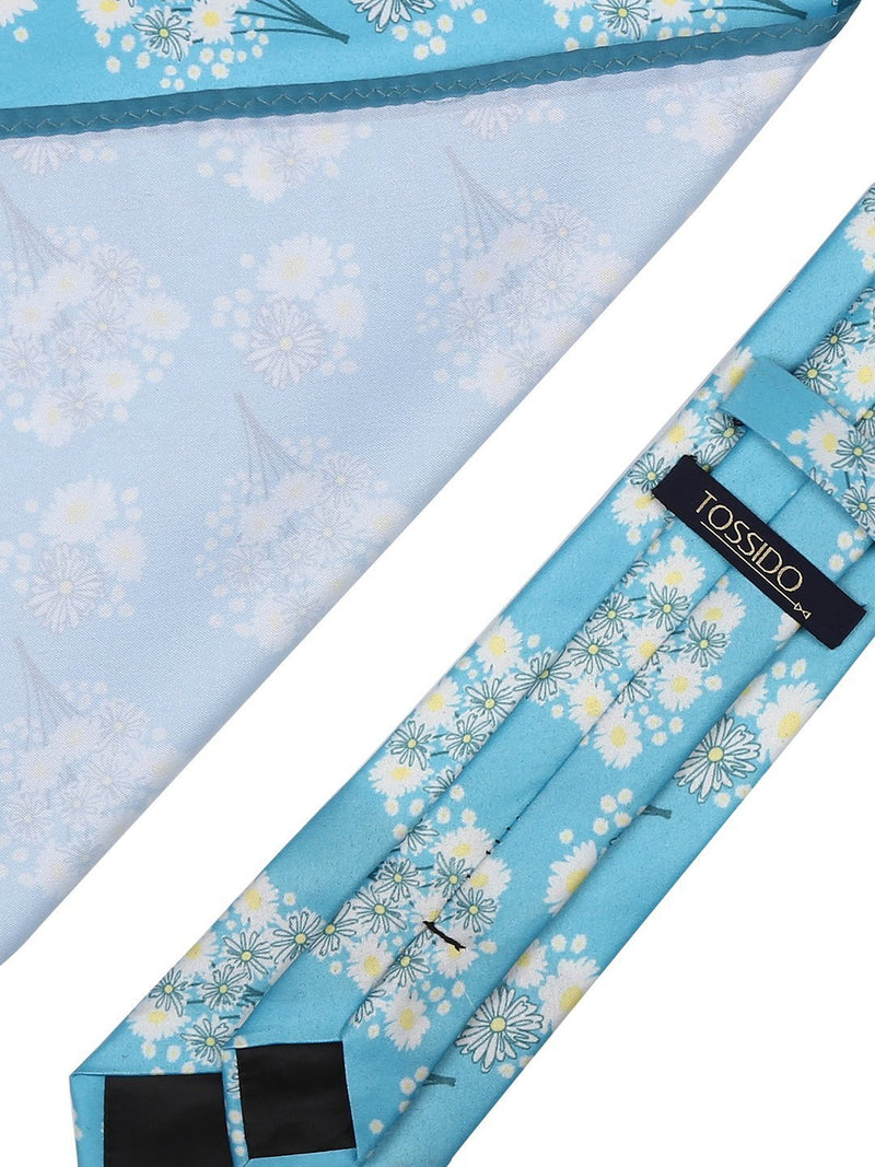 Blue Floral Printed Necktie & Pocket Square Giftset - TOSSIDO