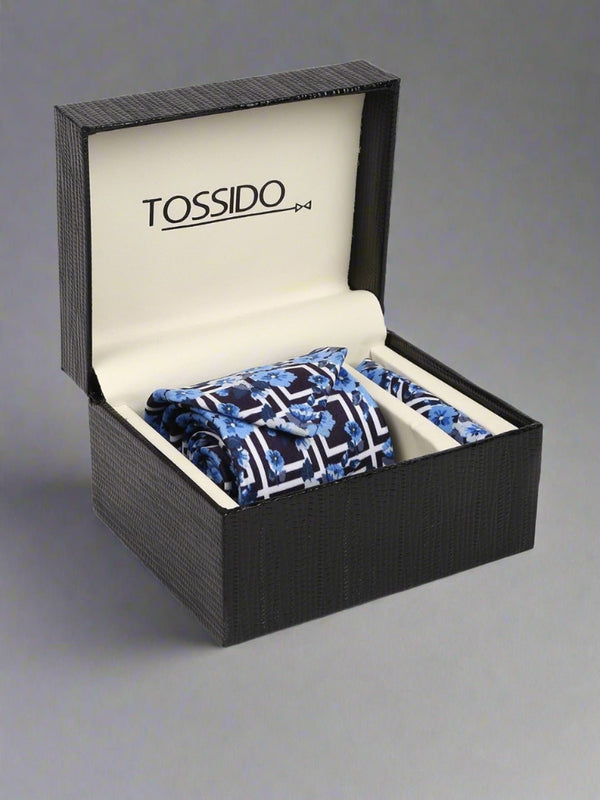 Blue Floral Printed Necktie & Pocket Square Giftset - TOSSIDO