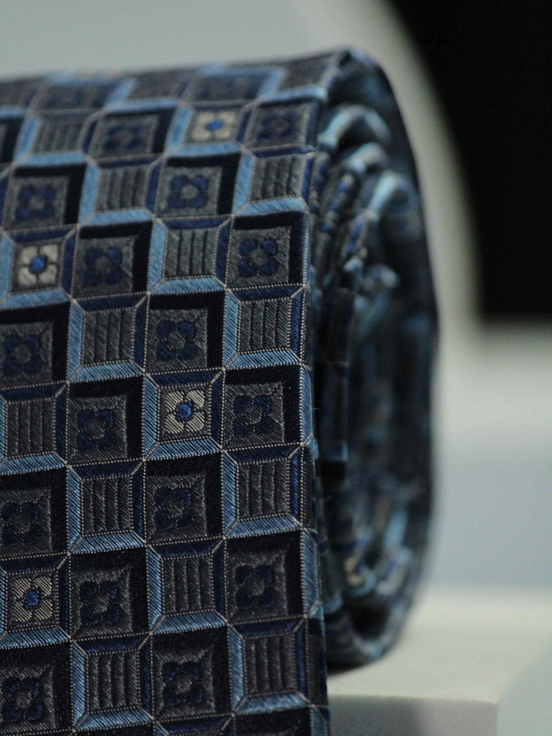 Blue Geometric Handmade Silk Necktie - TOSSIDO