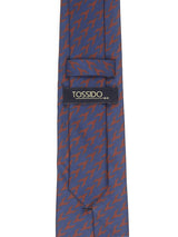 Blue geometric necktie in printed microfiber, tied view