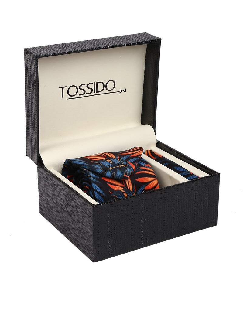 Blue & Orange Printed Necktie & Pocket Square Set - TOSSIDO