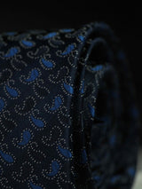 Blue paisley necktie in woven microfiber, tied view