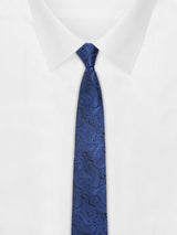 Blue paisley necktie in woven microfiber, tied view