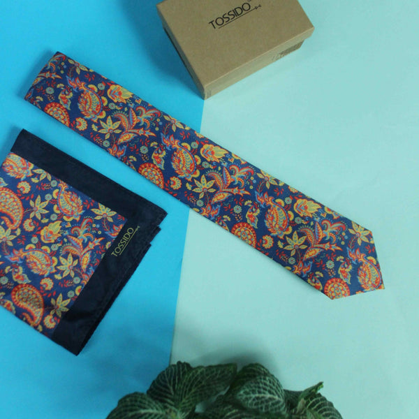 Blue Paisley Printed Necktie & Pocket Square Giftset - TOSSIDO