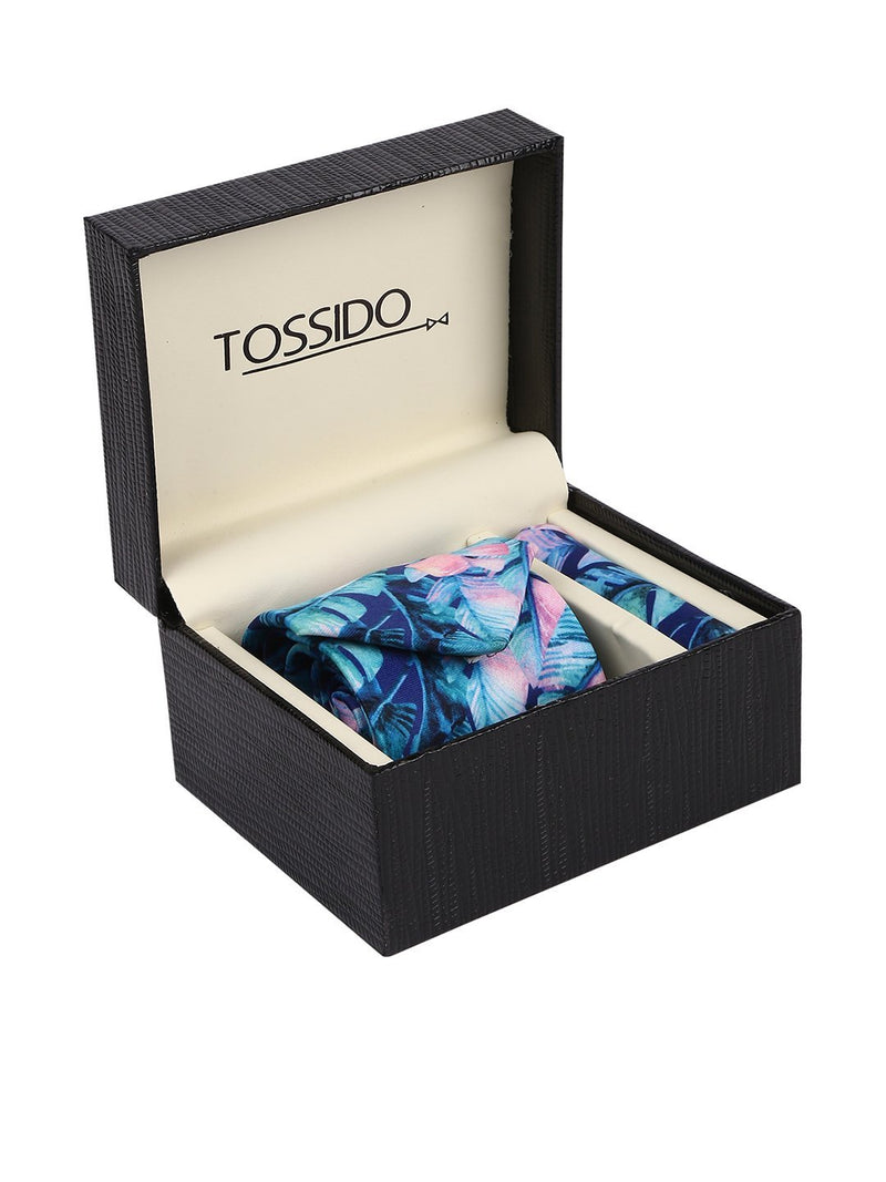 Blue Printed Necktie & Pocket Square Set - TOSSIDO