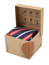 Blue stripe necktie in woven microfiber, tied view