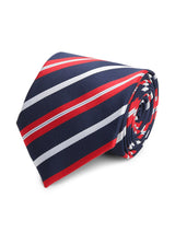 Blue stripe necktie in woven microfiber, styled with shirt