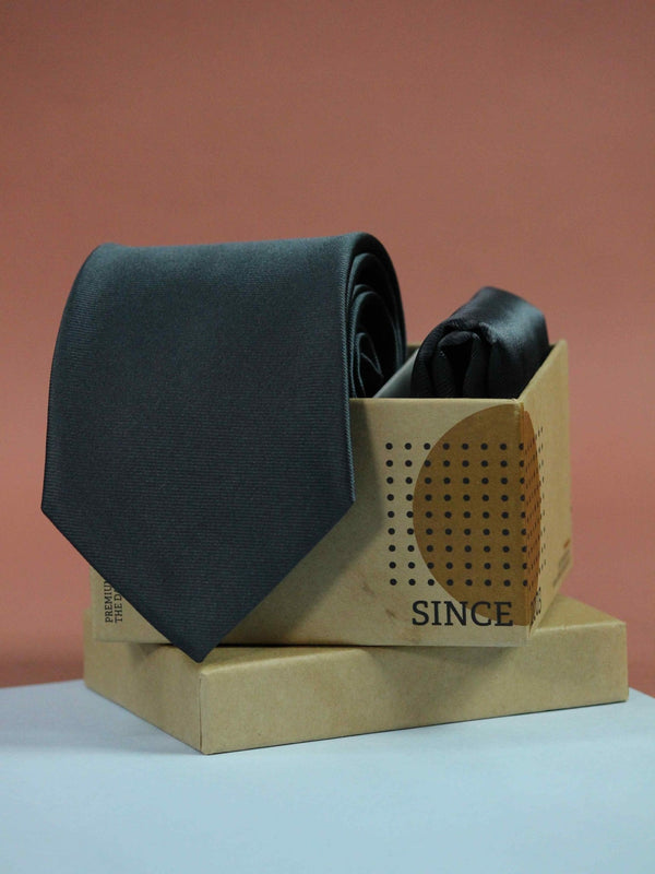 Dark Grey Necktie & Pocket Square - TOSSIDO