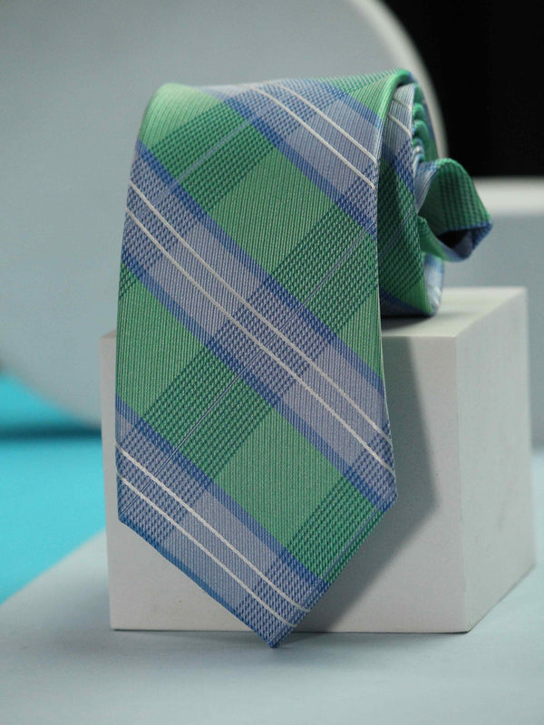 Green & Blue Check Handmade Silk Necktie - TOSSIDO