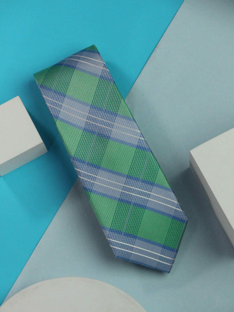 Green & Blue Check Handmade Silk Necktie - TOSSIDO