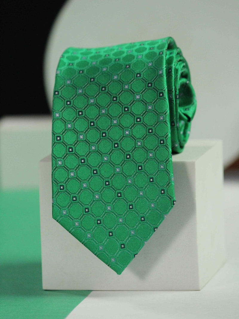 Green Geometric Handmade Silk Necktie - TOSSIDO