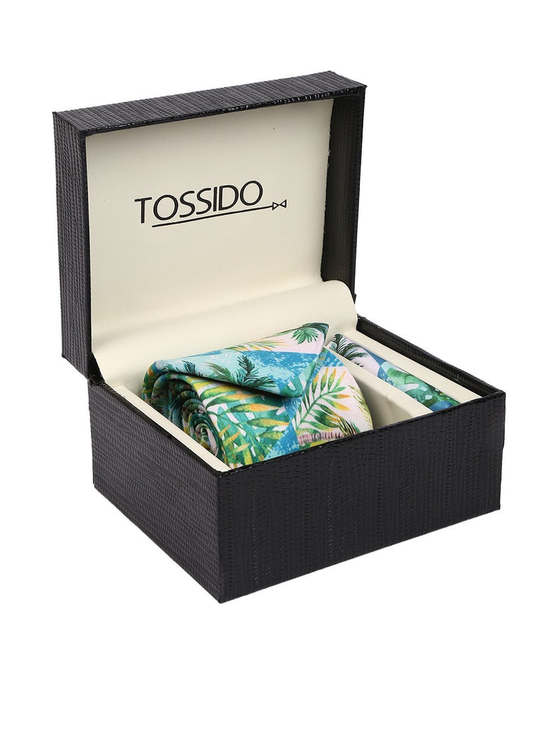 Green Printed Necktie & Pocket Square Set - TOSSIDO