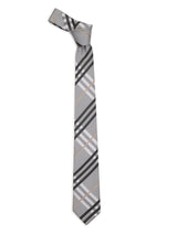 Grey check necktie in woven microfiber, flat lay