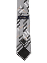 Grey check necktie in woven microfiber, tied view