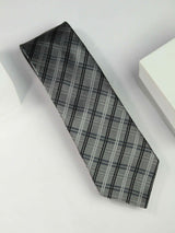 Grey check necktie in woven microfiber, flat lay