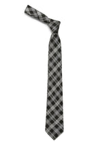 Grey check necktie in woven microfiber, tied view