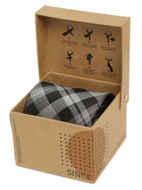 Grey check necktie in woven microfiber, styled with shirt