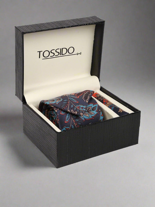 Grey Floral Printed Necktie & Pocket Square Giftset - TOSSIDO