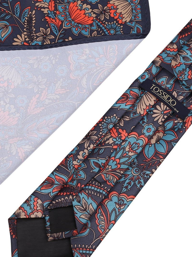 Grey Floral Printed Necktie & Pocket Square Giftset - TOSSIDO