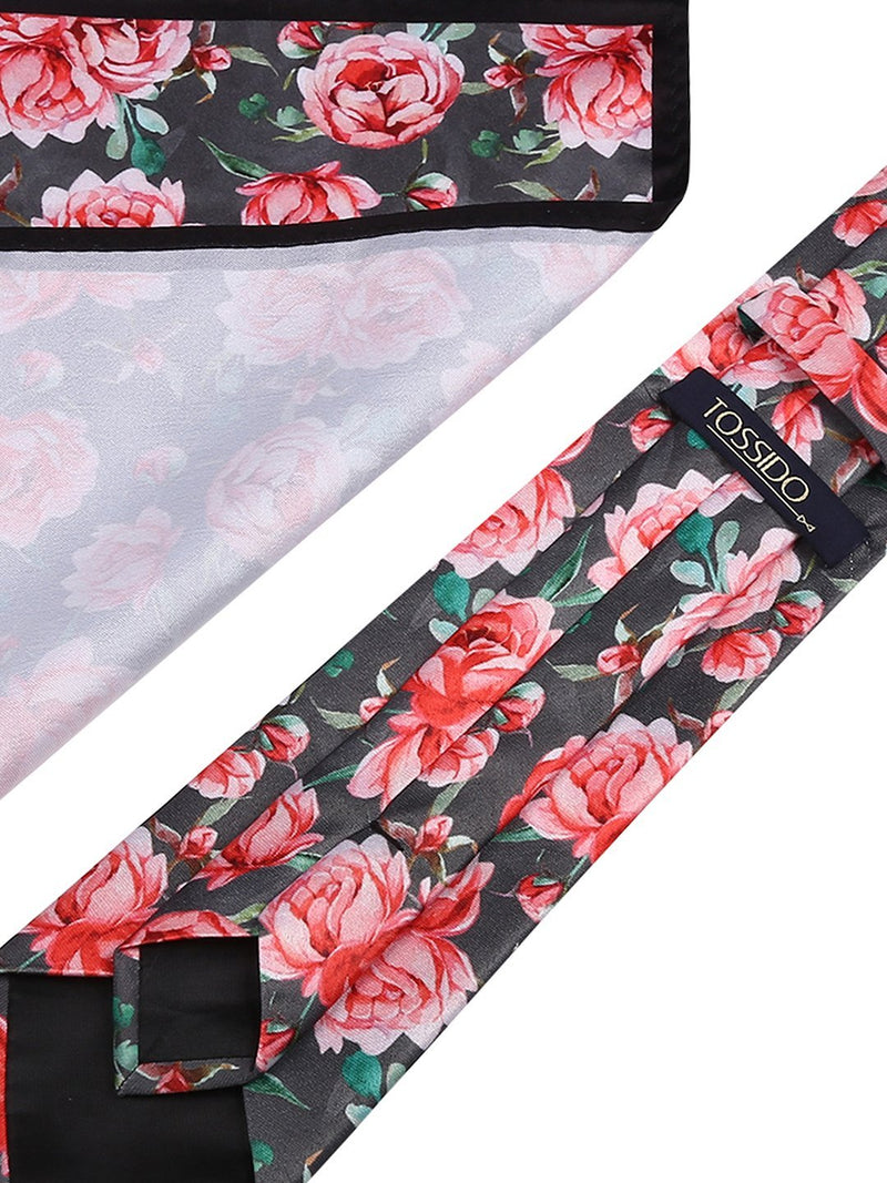 Grey & Red Floral Necktie & pocket square giftset - TOSSIDO