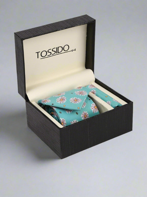 Mint Green Floral Printed Necktie & Pocket Square Giftset - TOSSIDO