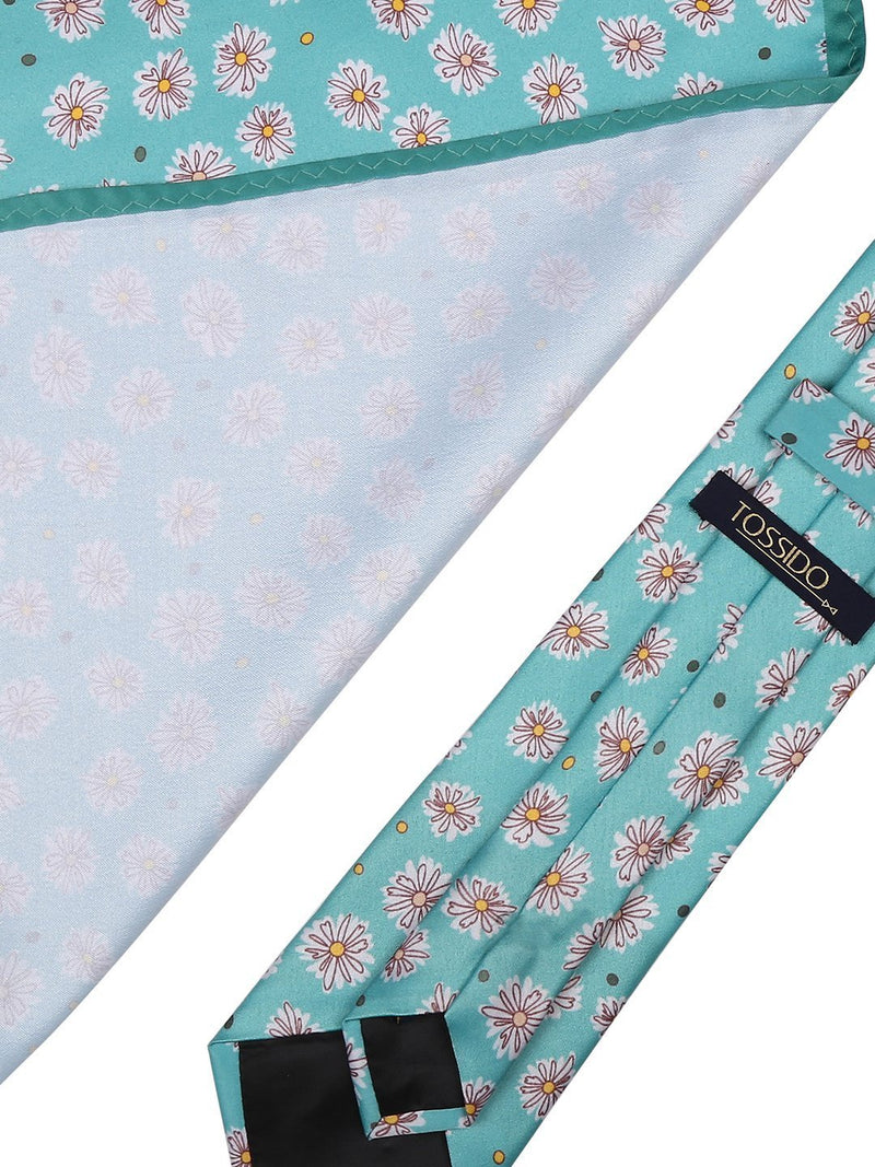 Mint Green Floral Printed Necktie & Pocket Square Giftset - TOSSIDO