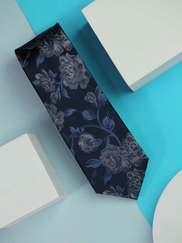 Navy Blue Floral Handmade Silk Necktie - TOSSIDO