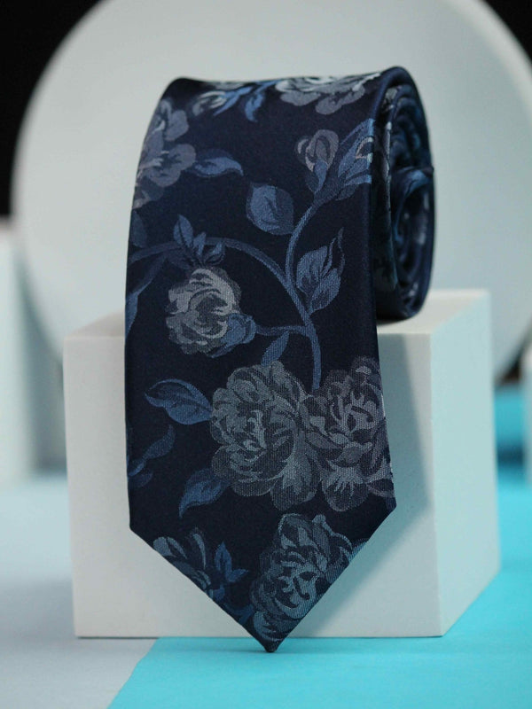 Navy Blue Floral Handmade Silk Necktie - TOSSIDO