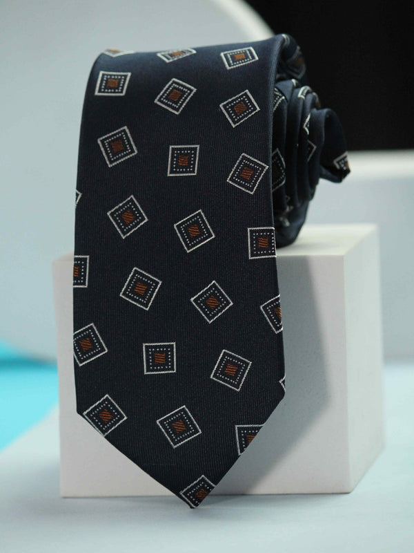 Navy Blue Geometric Handmade Silk Necktie - TOSSIDO