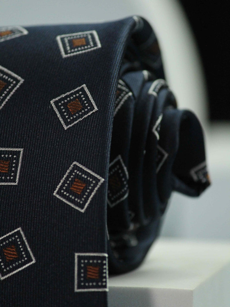 Navy Blue Geometric Handmade Silk Necktie - TOSSIDO