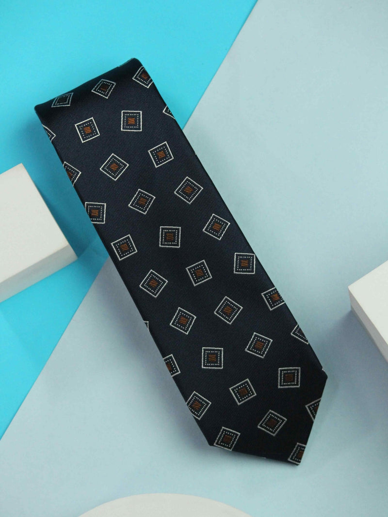 Navy Blue Geometric Handmade Silk Necktie - TOSSIDO