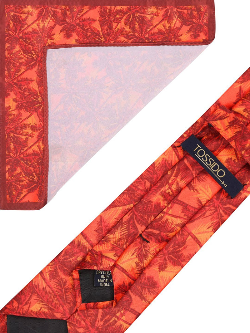 Orange Base Printed Necktie & Pocket Square Set - TOSSIDO