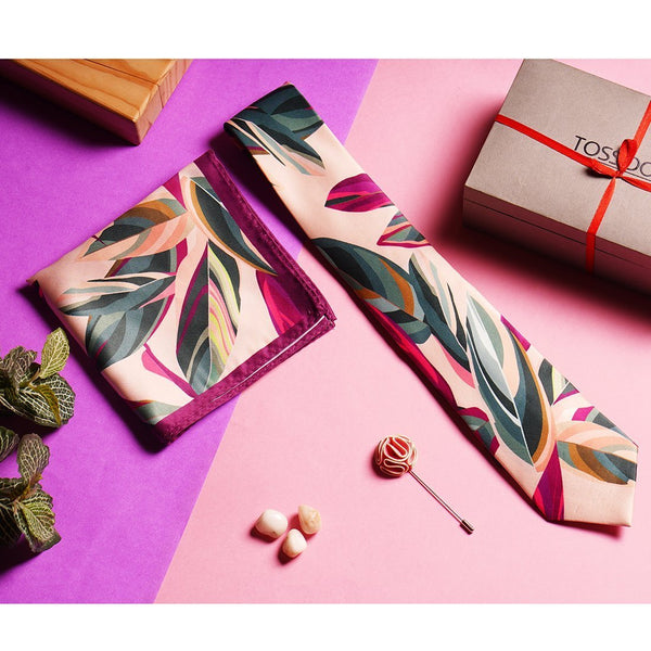 Pink Floral Necktie, Pocket Square & Brooch Giftset - TOSSIDO