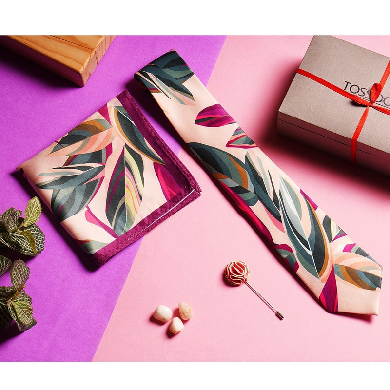 Pink Floral Necktie, Pocket Square & Brooch Giftset - TOSSIDO