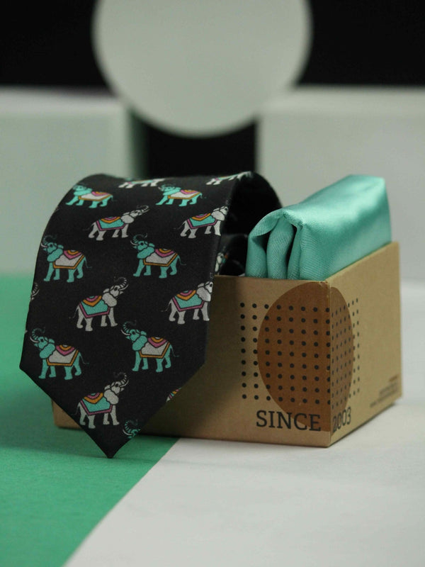 Printed Black Elephant Tie & Hanky Set - TOSSIDO