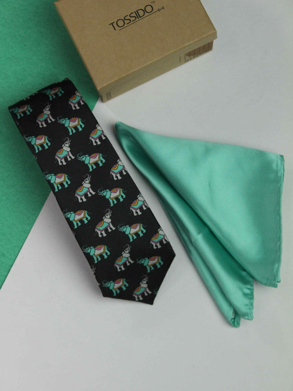 Printed Black Elephant Tie & Hanky Set - TOSSIDO