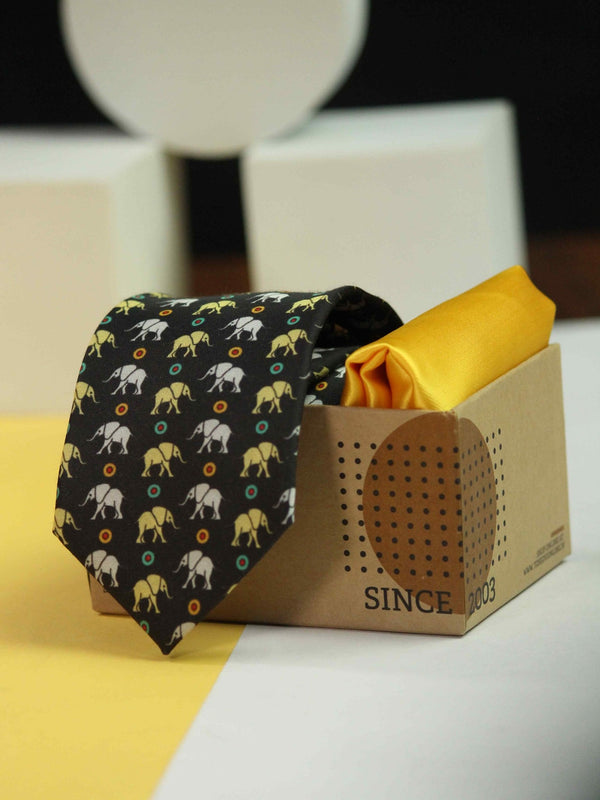 Printed Black Elephant Tie & Hanky Set - TOSSIDO