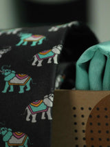 Printed Black Elephant Tie & Hanky Set - TOSSIDO