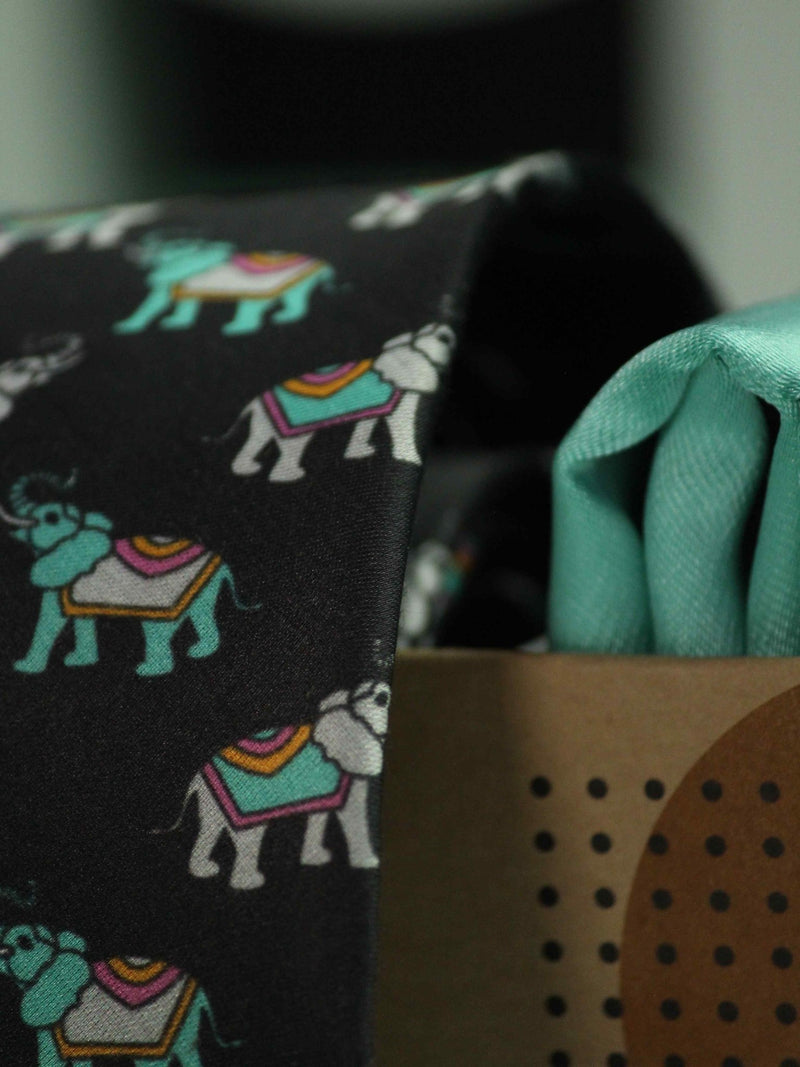 Printed Black Elephant Tie & Hanky Set - TOSSIDO