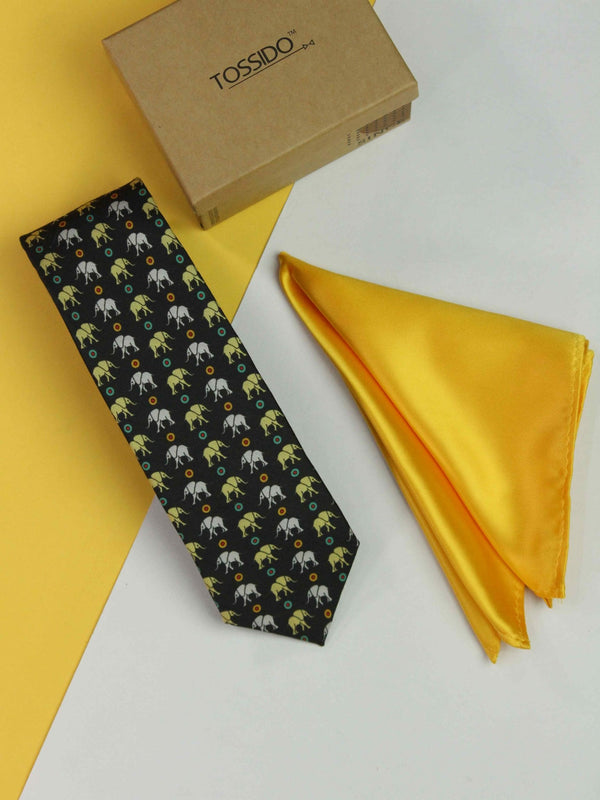Printed Black Elephant Tie & Hanky Set - TOSSIDO