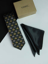 Printed Black Elephant Tie & Hanky Set - TOSSIDO