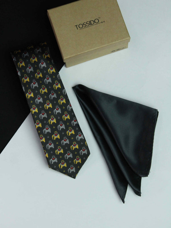 Printed Black Elephant Tie & Hanky Set - TOSSIDO