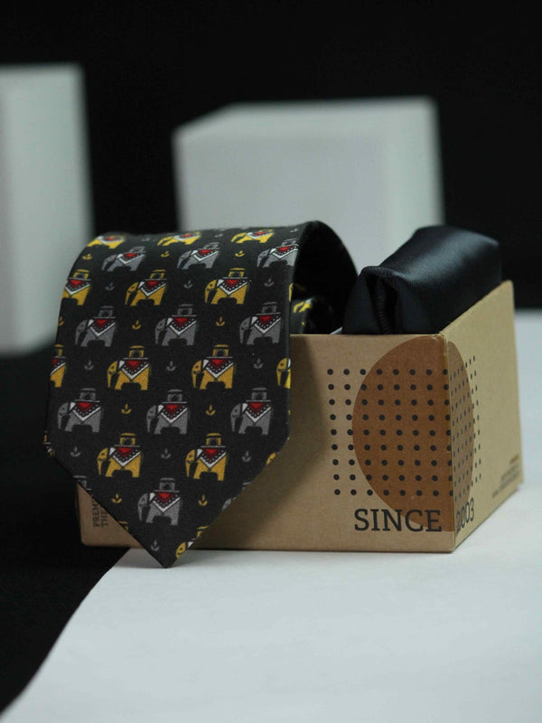 Printed Black Elephant Tie & Hanky Set - TOSSIDO