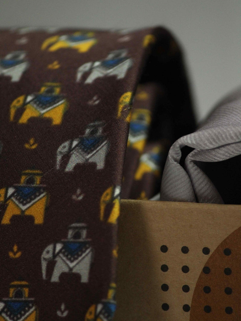 Printed Brown Elephant Tie & Hanky Set - TOSSIDO